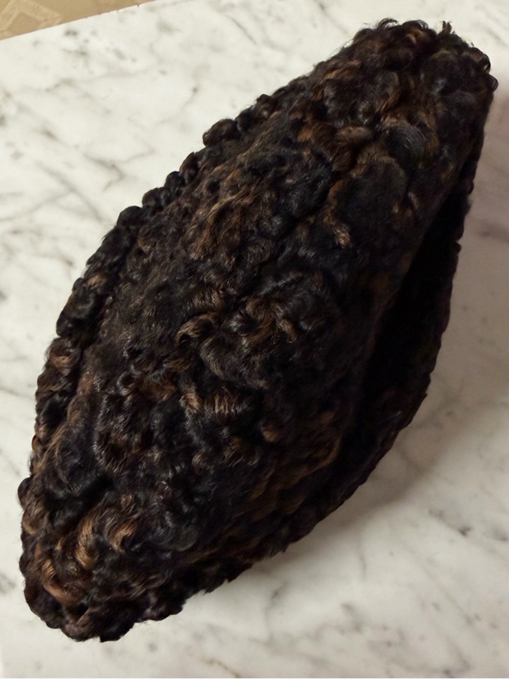 Curly Dyed Persian Lamb Fur Beanie in Black and Brown - Picture 3 of 5